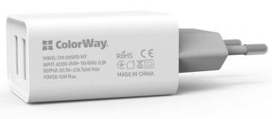 Зарядний пристрій ColorWay Auto ID 2xUSB 2.1A 10W White (CW-CHS015-WT)