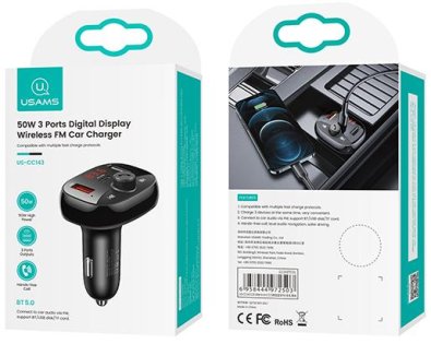  Зарядний пристрій Usams US-CC143 C25 Digital Display Wireless FM Car Charger Black (CC143TC01)