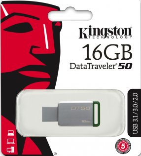 Флешка USB Kingston DT 50 16 ГБ (DT50/16GB) срібляста/зелена