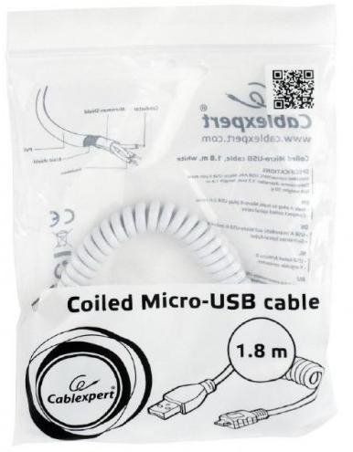 Кабель USB 2.0 (AM/MicroB) 1.8м, Cablexpert спіраль White