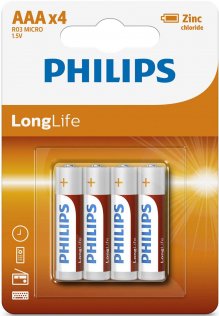 Батарейка Philips LongLife Zinc Carbon R03 AAA (BL/4)