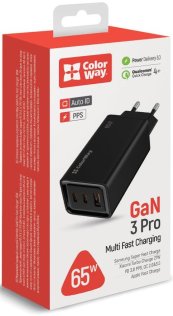 Зарядний пристрій ColorWay GaN3 Pro Power Delivery 65W Black (CW-CHS039PD-BK)