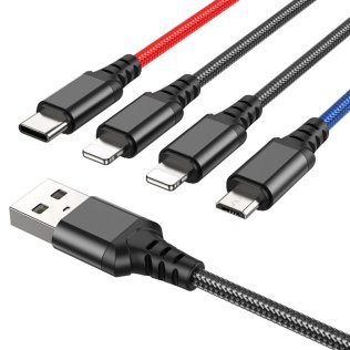 Кабель Hoco X76 4in1 2A AM / Micro USB/Type-C/2xLightning 1m Black/Red/Blue (6931474768643)