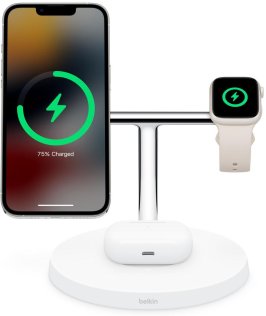 Бездротова зарядна станція Belkin BoostCharge Pro 3in1 Wireless Charger with MagSafe 15W White (WIZ017VFWH)