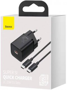  Зарядний пристрій Baseus Super Si Quick Charger 25W EU Mini Black with Type-C cable 1m Black (TZCCSUP-L01)
