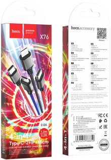 Кабель Hoco X76 4in1 2A AM / Micro USB / 2xType-C / Lightning 1m Black/Red/Blue (6931474768650)