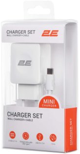 Зарядний пристрій 2E Wall Charger Dual White with Type-C cable (2E-WC1USB2.1A-CC)