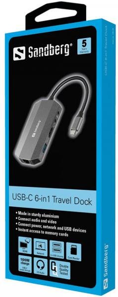 USB-хаб Sandberg USB-C 6in1 Travel Dock Grey (136-33)