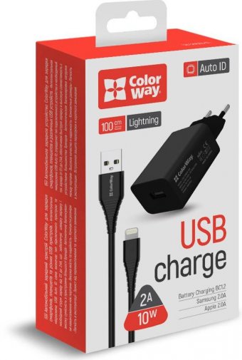 Зарядний пристрій ColorWay Auto ID USB 2A 10W Black with Lightning (CW-CHS012CL-BK)