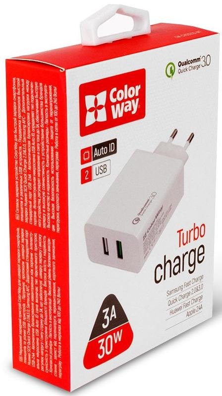 Зарядний пристрій ColorWay 2xUSB Quick Charge 3.0 30W White with cable Type-C Black (CW-CHS021Q-WT-CBU)