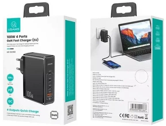 Фото: Зарядний пристрій Usams US-CC163 T50 QC3.0 PD 100W GaN Black (CC163TC01) № 7 | KTC