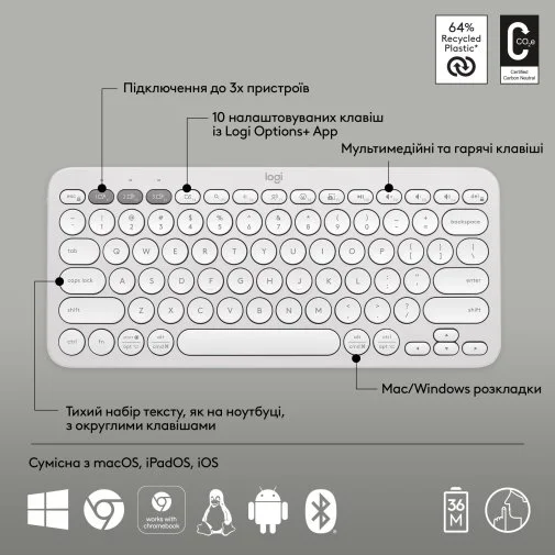Фото: Клавіатура Logitech Pebble Keys 2 K380s Tonal White (920-011852) № 25 | KTC