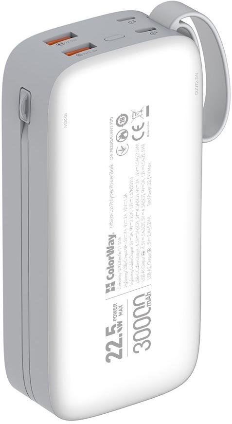  Батарея універсальна ColorWay Power Bank Bank 30000mAh Powerful 22.5W White (CW-PB300LPA4WT-PDD)