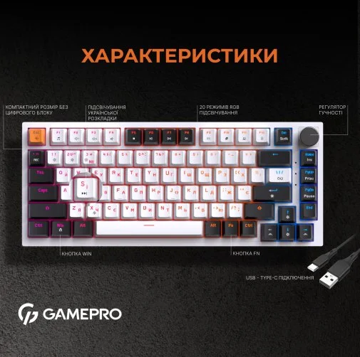 Фото: Клавіатура GamePro MK160W RGB USB White № 35 | KTC
