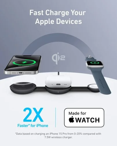 Фото: Бездротова зарядна станція Anker MagGo Wireless Charging Pad 3in1 15W Black (B25M8H11) № 9 | KTC