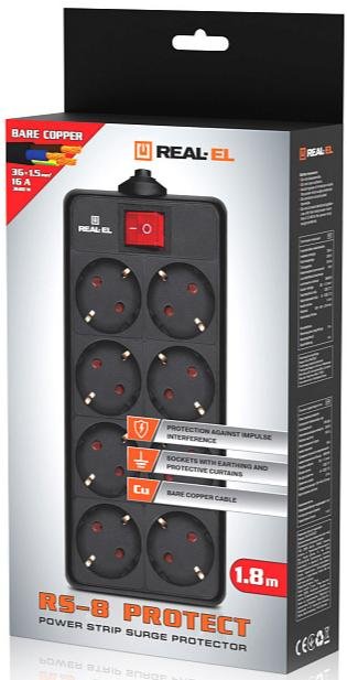 Мережевий фільтр Real-EL RS-8 Protect 8/1.8m Black (EL122300021)