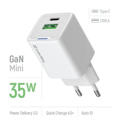 Фото: Зарядний пристрій ColorWay GaN Mini QC PD 35W White (CW-CHS055PD-WT) № 20 | KTC