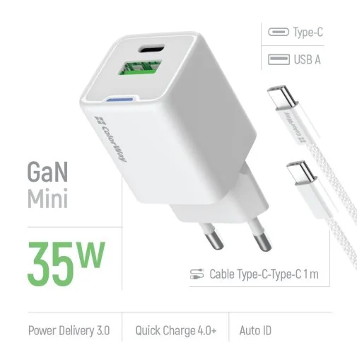 Фото: Зарядний пристрій ColorWay GaN Mini QC PD 35W White with Type-C / Type-C (CW-CHS055PDC-WT) № 20 | KTC