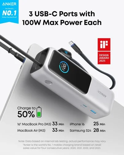Фото: Батарея універсальна Anker 25000mAh 165W Built-In Double USB-C Cables Silvery (A1695H41) № 11 | KTC