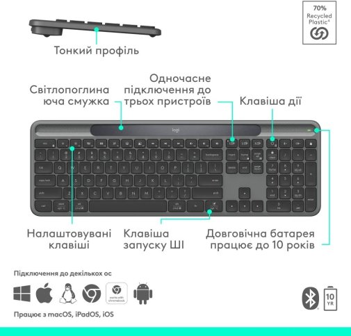 Клавіатура, Logitech Signature Slim Solar Plus K980 US International Wireless, Graphite