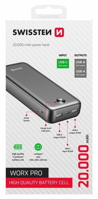 Фото: Батарея універсальна SWISSTEN WORX PRO 20000mAh 10.5W Black (8595217490659) № 6 | KTC