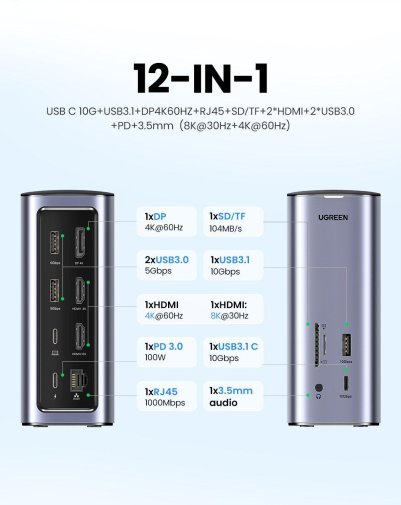 USB-хаб UGREEN CM555 Multifunctional Docking Station 12 in 1 Silver (90325)