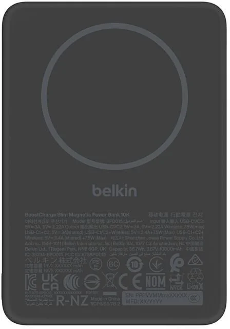Батарея універсальна Belkin BoostCharge Slim Magnetic 10000mAh 15W Qi2 7.5W Black (BPD015HQBK)