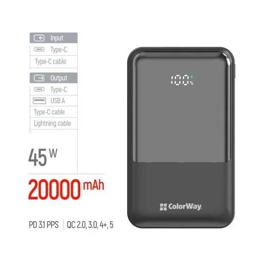 Фото: Батарея універсальна ColorWay DigiPower 20000mAh 45W Built-in Cable Type-C/Lightning (CW-PB200LP04BK) № 17 | KTC