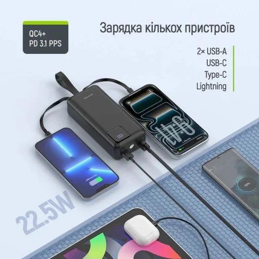 Фото: Батарея універсальна ColorWay EnergyHub 30000mAh 22.5W Built-in Cable Type-C/Lightning (CW-PB300LP05BK) № 20 | KTC