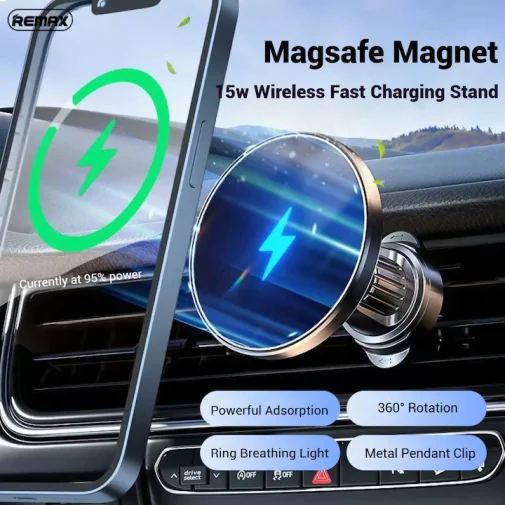 Фото: Кріплення для мобільного телефону Remax MagSafe Magnetic 15W Wireless Charging Car Mount RM-C01 Black (6954851236337) № 17 | KTC