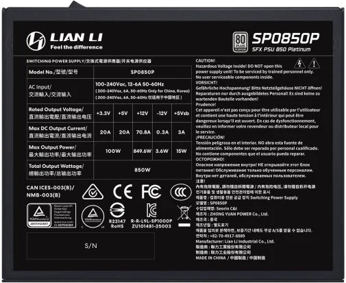 Фото: Блок живлення Lian-Li 850W SP0850P Black (G9P.SP0850P.B000.EU) № 16 | KTC