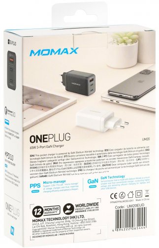 Зарядний пристрій Momax UM20 Gan One Plug 65W 2xPD QC 3.0 1xUSB Black (UM20EUD)
