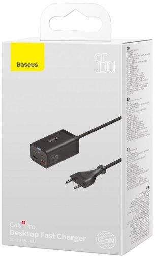 Зарядний пристрій Baseus GaN 3 Pro 2xUSB 2xType-C 65W Black with Type-C 100W cable (CCGP040101)