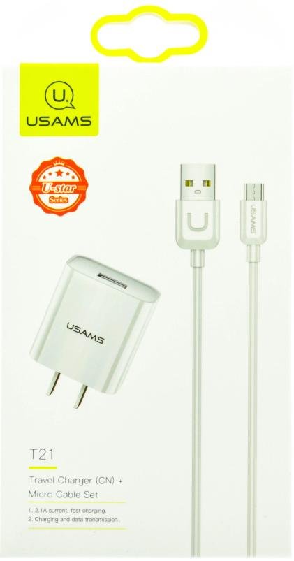 Зарядний пристрій Usams T21 White with MicroUSB cable (T21OCMC01)