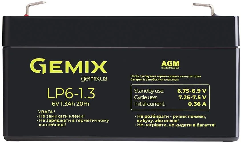 Фото: Батарея для ДБЖ Gemix LP6-1.3 6V 1.2Ah Black № 4 | KTC