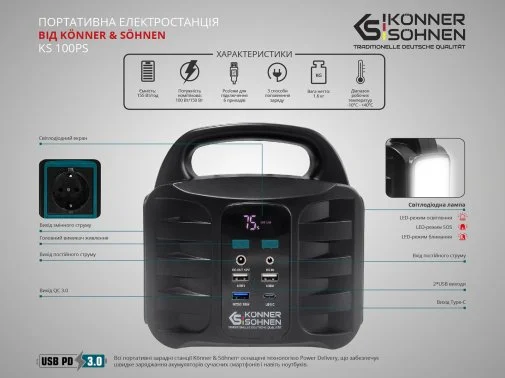Фото: Зарядна станція Konner & Sohnen KS 100PS 100W 155Wh (KS100PS) № 23 | KTC