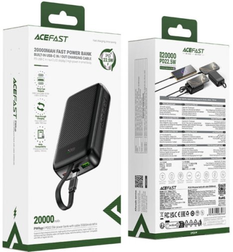 Батарея універсальна Acefast M14 20000mAh 22.5W Black with Cable Type-C (6974316283966)