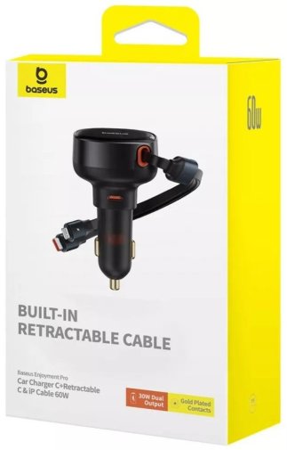 Автозарядка Baseus Enjoyment Pro Car Charger Type-C + Retractable C & iP Cable 60W black