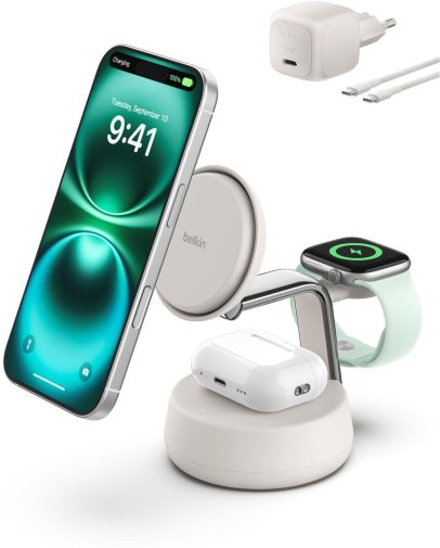 Бездротова зарядна станція Belkin UltraCharge Pro 3-in-1 Magnetic Charging Dock 25W Sand (WIZ040KQSD)