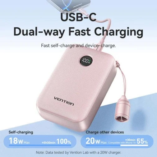 Фото: Батарея універсальна Vention FKBB0-C 20000mAh 22.5W with Built-in USB-C Cable Black № 28 | KTC