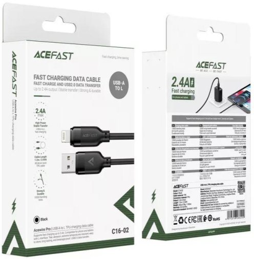 Кабель Acefast C16-02 12W AM / Lightning 1.2m Black (6974316286202)
