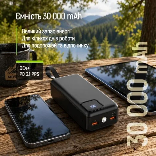 Фото: Батарея універсальна ColorWay EnergyHub 30000mAh 22.5W Built-in Cable Type-C/Lightning (CW-PB300LP05BK) № 22 | KTC