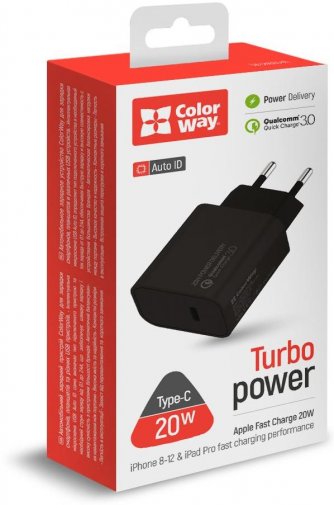 Зарядний пристрій ColorWay Type-C PD 20W Black with Type-C/Lightning cable 1m Gray (CW-CHS026PD-BK/CBPDCL033-GR)