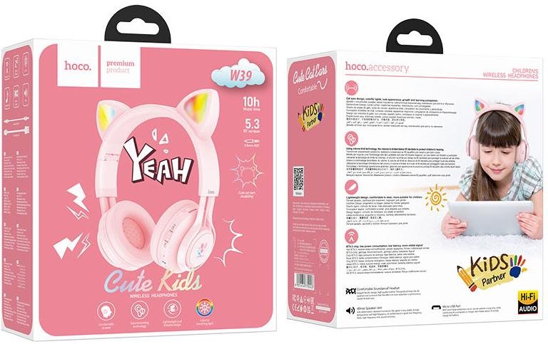 Гарнітура Hoco W39 Cat Ear Pink for kids