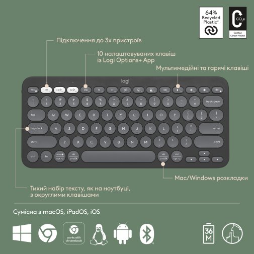 Клавіатура компактна Logitech Pebble Keys 2 K380s US International Tonal Graphite (920-011851)