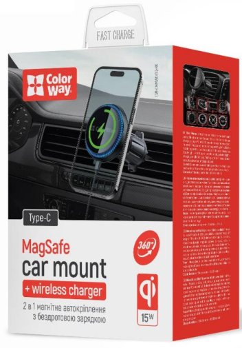 Кріплення для мобільного телефону ColorWay MagSafe 360 Air Vent 15W Black (CW-CHMW041Q-BK)