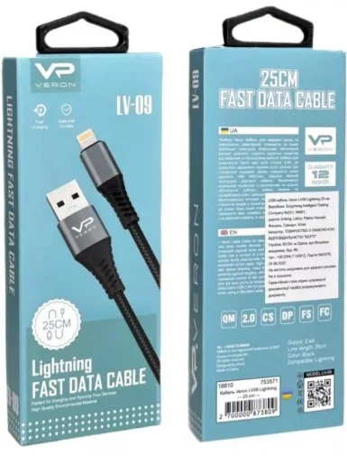 Фото: Кабель Veron NL09 Nylon AM / Lightning 0.25m Black № 5 | KTC