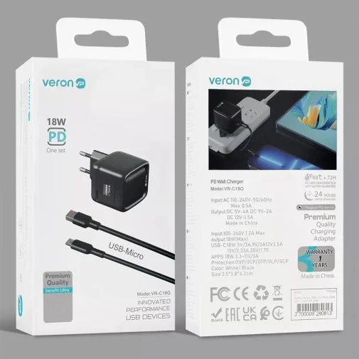 Фото: Зарядний пристрій Veron VR-C18Q 18W Black with AM/MicroUSB (VR-C18Q_Micro) № 5 | KTC