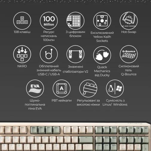 Фото: Клавіатура Ducky One 3 Cherry MX Silent Red ENG/UKR Matcha Cream (DKON2108-SUAPXМAEGGC1) № 19 | KTC
