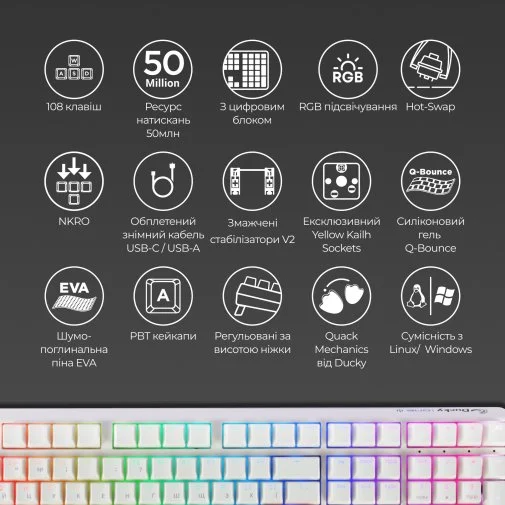 Фото: Клавіатура Ducky One 3 Cherry MX Blue RGB ENG/UKR White (DKON2108ST-CUAPXPWWWSC1) № 19 | KTC